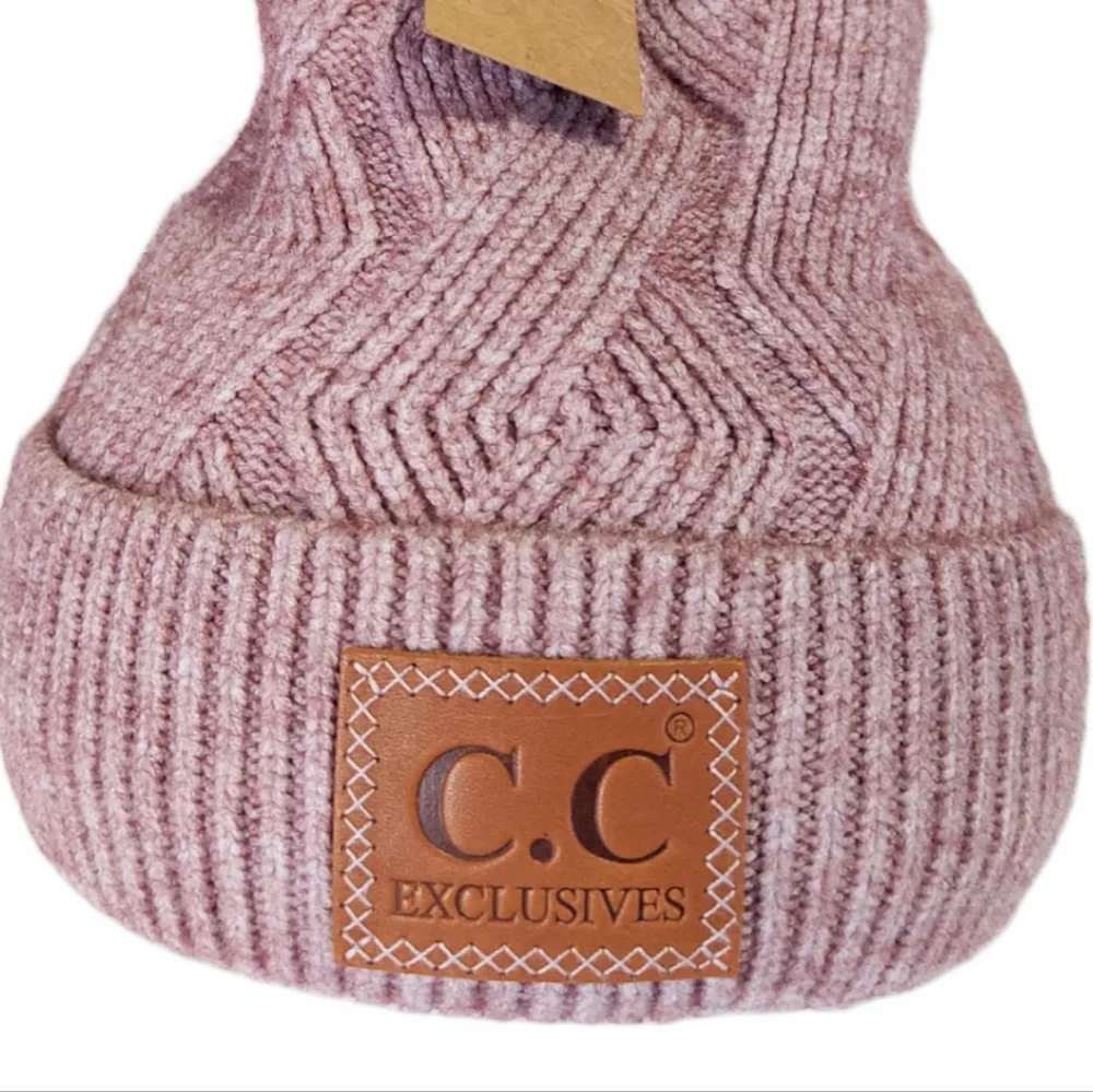 Braided Winter Hat Womens Mauve Knit Beanie Stretch Faux Fur Pom